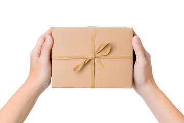 Close up cropped men hold in hands give brown clear blank paper empty cardboard box isolated on white background. Ai Generated Images