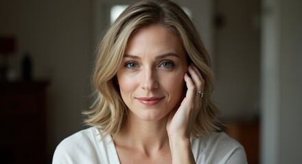 Blonde woman hand face touching portrait natural beauty skincare wellness. Female wavy hair radiant skin healthy glow self care concept