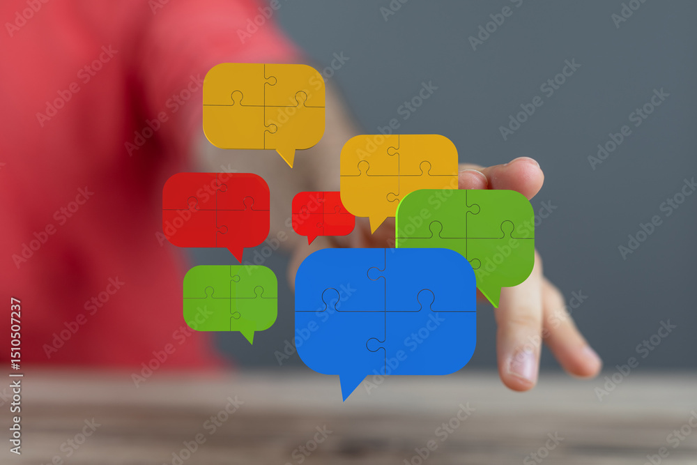 Poster colorful puzzle pieces in speech bubbles represent teamwork, communication, and problem-solving.
