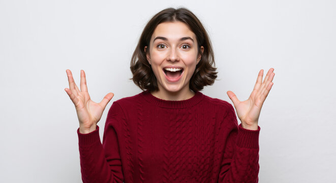 Woman hands raised celebration victory success achievement happiness joy excitement. Female red sweater enthusiastic gesture triumph concept