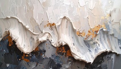 Abstract oil painting of textured white, beige, and gray mountains with gold accents, creating a modern artistic landscape.