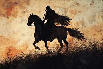A medieval knight riding a warhorse silhouette