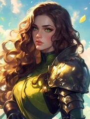 Anime fantasy warrior with green eyes in armor