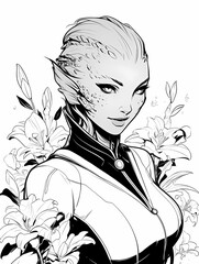 Fantasy anime female character with scaled hair, freckled eyes, holding bouquet of flowers.