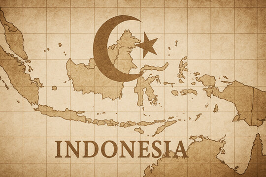 Vintage-style newspaper illustration of a world religions map focused on Indonesia