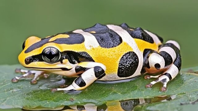 Vibrant yellow and black striped frog resting on a green leaf in natural habitat showcasing unique patterns