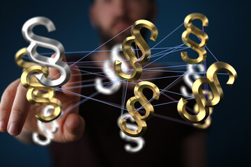Abstract image of interconnected paragraph symbols, representing legal networks and connections.