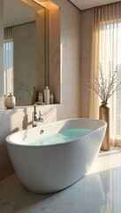 Luxury soaking tub, elegant bathroom interior, soft lighting, calming atmosphere, perfect relaxation , aromatherapy, foam