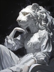 A lioness with human-like features, long white hair, and animal ears sits on a chair, wearing a white dress, with her hand raised to her face.