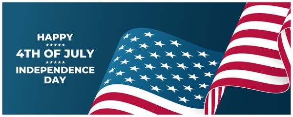 Happy Independence Day celebration banner for 4th of July greetings and invitations. Waving national flag of the United States. American national holiday. Vector illustration. © FineVector