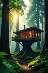 Modern treehouse nestled amongst towering redwoods, sunlight dappling through leaves, creating a magical forest sanctuary Perfect for architectural, nature, and design projects , building, animals