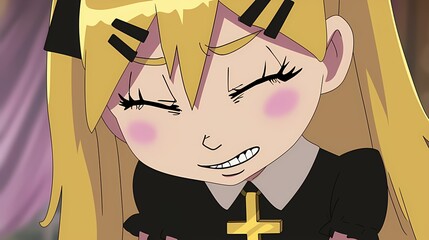 Playful character with blonde hair and black dress, cheerful expression.