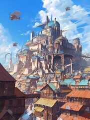 Anime fantasy illustration of a vibrant fantastical cityscape with detailed buildings and airships.