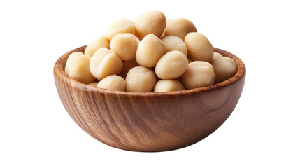 macadamia nuts in a wooden bowl on white background