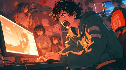 Anime man focused on computer monitor frustration dimly lit room