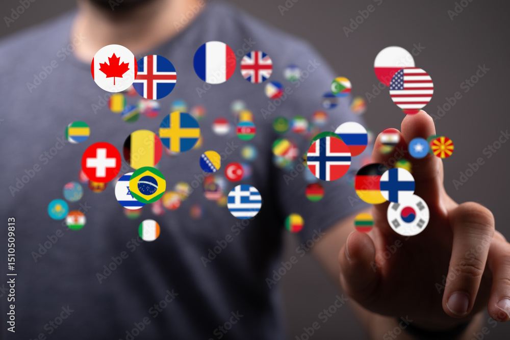 Poster diverse flags float around a person's hand, symbolizing global connection and communication.