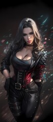 Striking anime woman illustration with red eyes in black and red attire