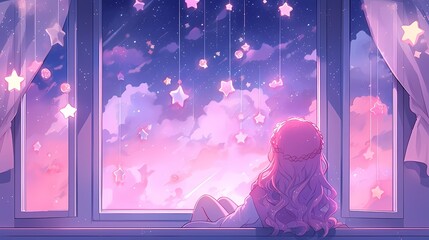 Young anime girl with pink hair sitting by window, gazing at starry night sky, magical scene