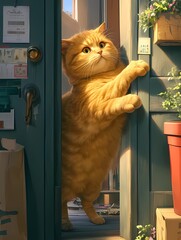 Curious orange cat green eyes opening wooden door cozy interior window plant