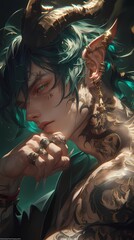 Anime male character with striking features, green hair, aqua eyes, intricate tattoos, jewelry, portrait.