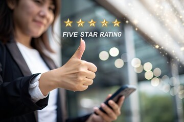 Customer Satisfaction and Five-Star Feedback Concept. Businesswoman or user shows thumbs up with smile face and five stars, symbolizing positive customer review, satisfaction, and service excellence.
