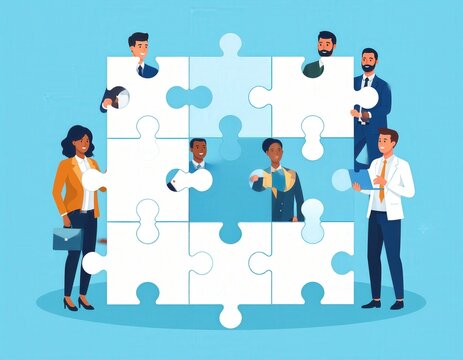 Diverse team completing a jigsaw puzzle symbolizing collaboration and problemsolving