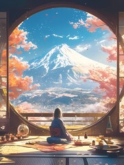 A woman sits in a traditional Japanese room, captivated by the breathtaking view of a majestic mountain through a circular window, surrounded by cherry blossoms and elegant kimono.