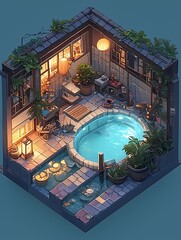 Isometric garden room with hot spring pool