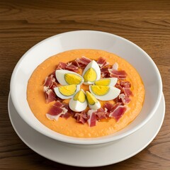 Spanish-style creamy cold tomato soup topped with ham and boiled egg - Salmorejo