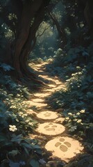 A forest path with paw prints, hinting at a creature's presence.