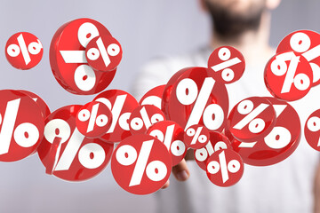 3D rendering of red percentage symbols floating, ideal for sale banners and discount promotions.