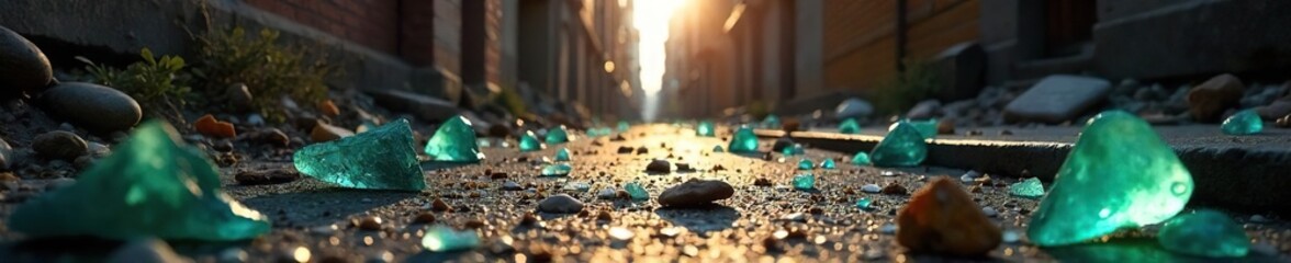 Shattered shards of glass litter a deserted urban alleyway, sunlight illuminating the dangerous debris A stark reminder of careless disposal and environmental hazard , forgotten, surface