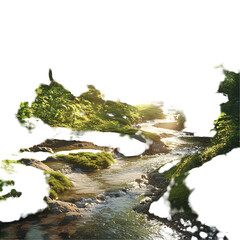Serene river stream flowing through lush green forest landscape scene isolated on transparent  background png