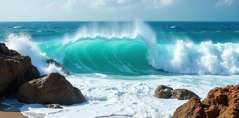 Dramatic waves crashing on a rocky shore, sea foam, powerful ocean surge, dynamic coastal scene, breathtaking seascape, vibrant turquoise water , waves, turquoise, power