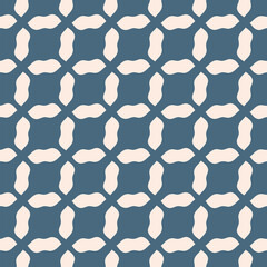 Fototapeta premium Abstract vector seamless pattern. Simple geometric ornamental texture with curved shapes, diagonal grid, mesh, lattice, net. Blue and beige background. Repeating geo design for decor, print, textile