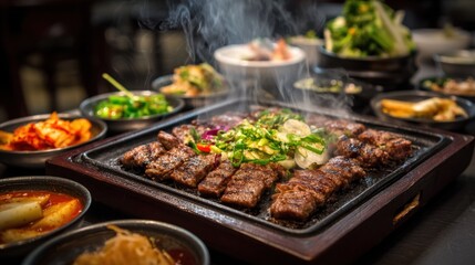 Obraz premium Delicious Korean BBQ Bulgogi Sizzling on Grill with Steaming Sides