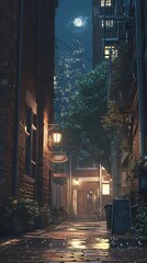 A serene night scene in a city's downtown area, bathed in moonlight, with buildings, lampposts, and a bicycle creating a tranquil atmosphere.