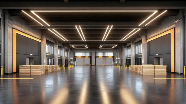Spacious modern warehouse interior with wooden pallets and bright overhead lights in an industrial setting