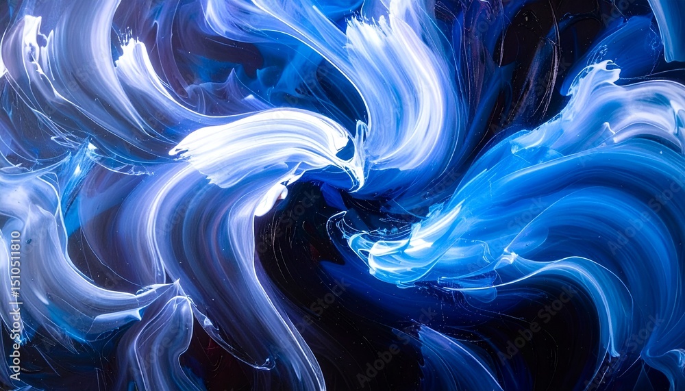 Poster abstract swirling blue and white paint strokes in a dynamic, energetic composition, creating a fluid