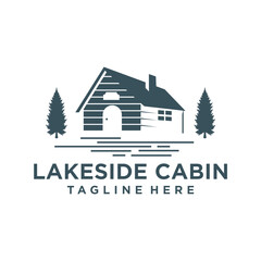 Fototapeta premium Lakeside cabin logo with combination of house silhouette and pine tree view on lakeside modern concept
