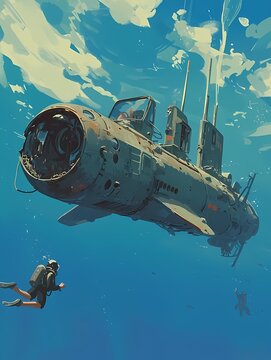 A small reconnaissance mini-submarine is partially submerged in the calm, blue ocean, with a scuba diver holding onto a rope next to it, providing a sense of scale.