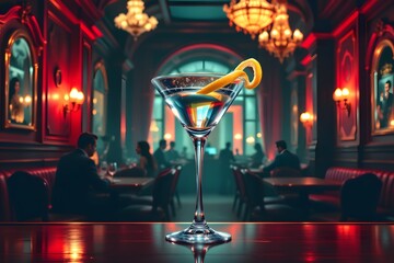 Elegant Martini in Upscale Lounge: A classic martini glass, garnished with a lemon twist, takes center stage in an opulent lounge setting.