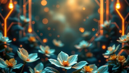 create a seamless, futuristic background image featuring an emerald toned flower at the bottom of the image, the flower should be the focal point and clearly positioned in the center