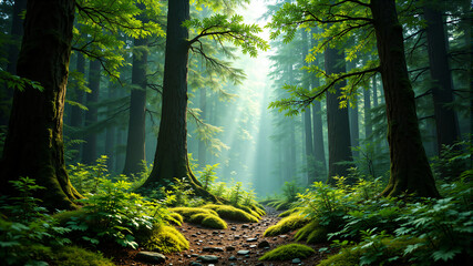 Obraz premium Serene Forest Scene with Sunlight Filtering Through Trees