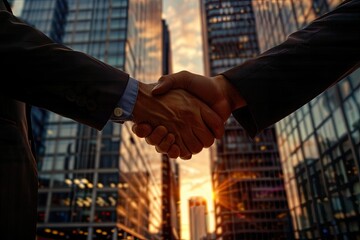 Corporate Handshake Between Professionals in Skyscraper Office Background