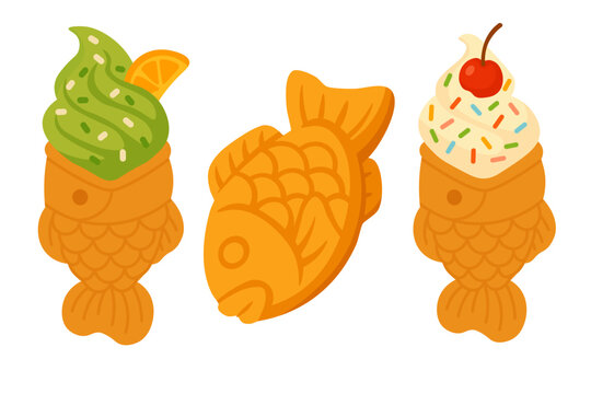 Cartoon set of Japanese taiyaki desserts, including plain fish pastry and soft serve ice cream.