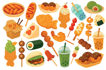 Bright cartoon set of Asian street food including snacks, sweets, drinks, rolls and skewers.