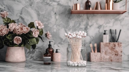 Elegant Display of Cotton Swabs in Glass Jar with Soft Floral Accents and Bathroom Decor