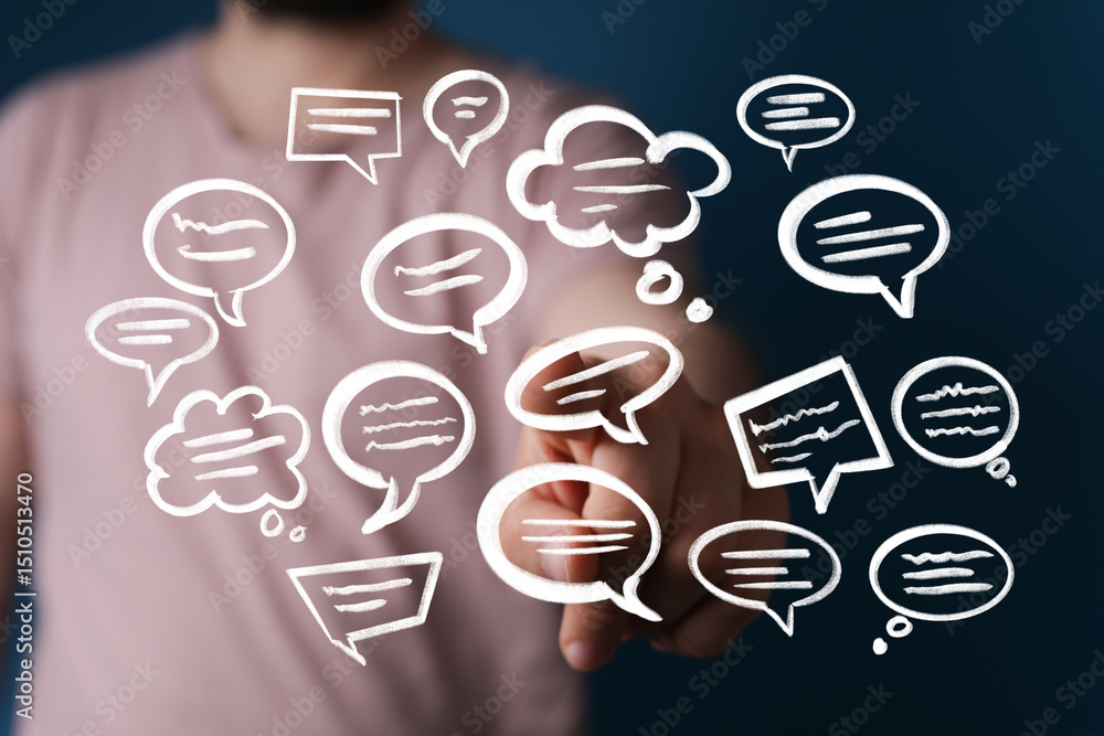Poster abstract image of a man interacting with speech bubbles, symbolizing communication, dialogue, and so