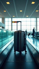 A lone suitcase sits on a baggage carousel in a bright, modern airport terminal, ready for its journey The image evokes the anticipation and excitement of air travel , arrival, conveyor belt